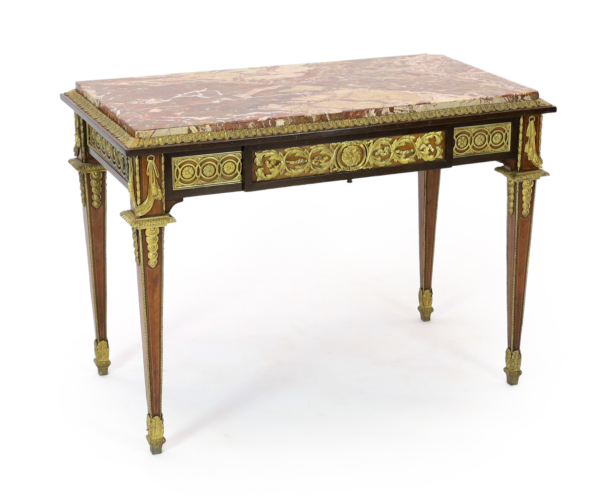 A late 19th century Louis XVI style ormolu mounted mahogany, bois satine and sycamore centre table Please note this lot attracts an additional import tax of 5% on the hammer price